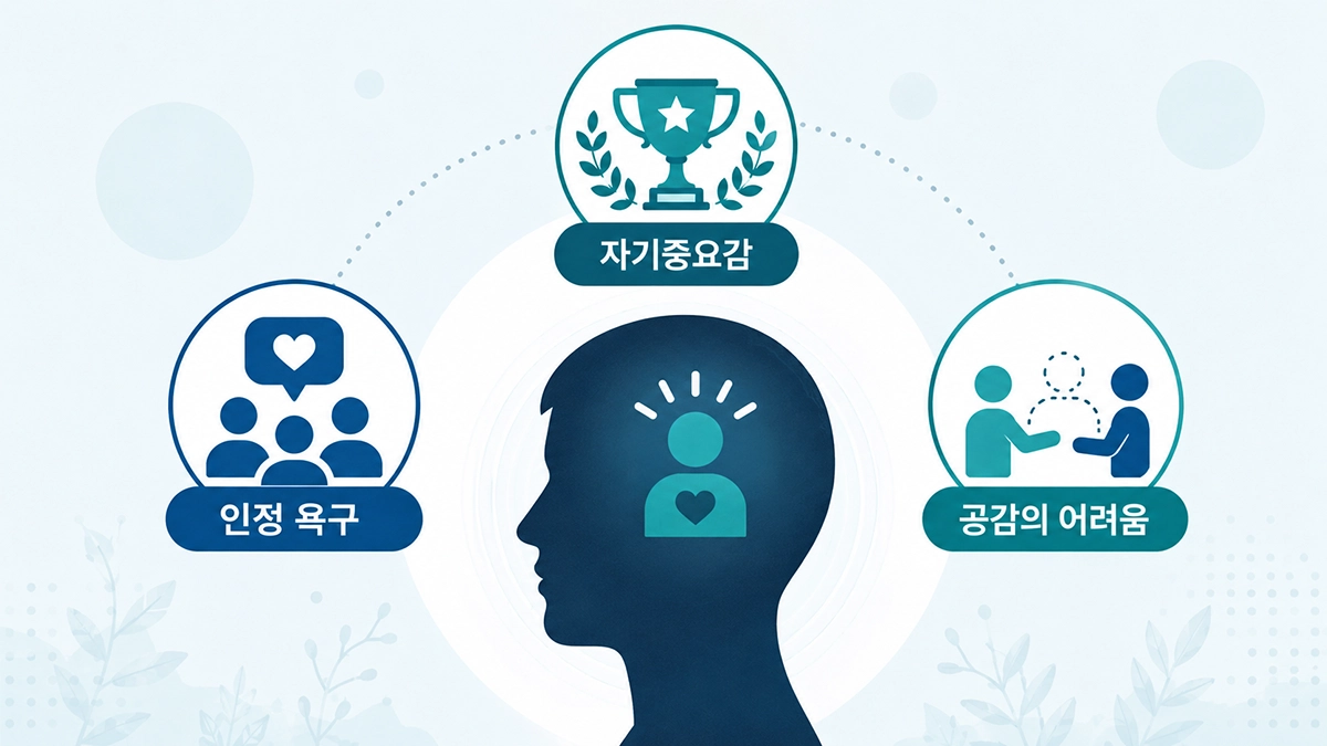 자기애성 인격장애의 인정 욕구와 자기중요감, 공감의 어려움을 설명하는 인포그래픽