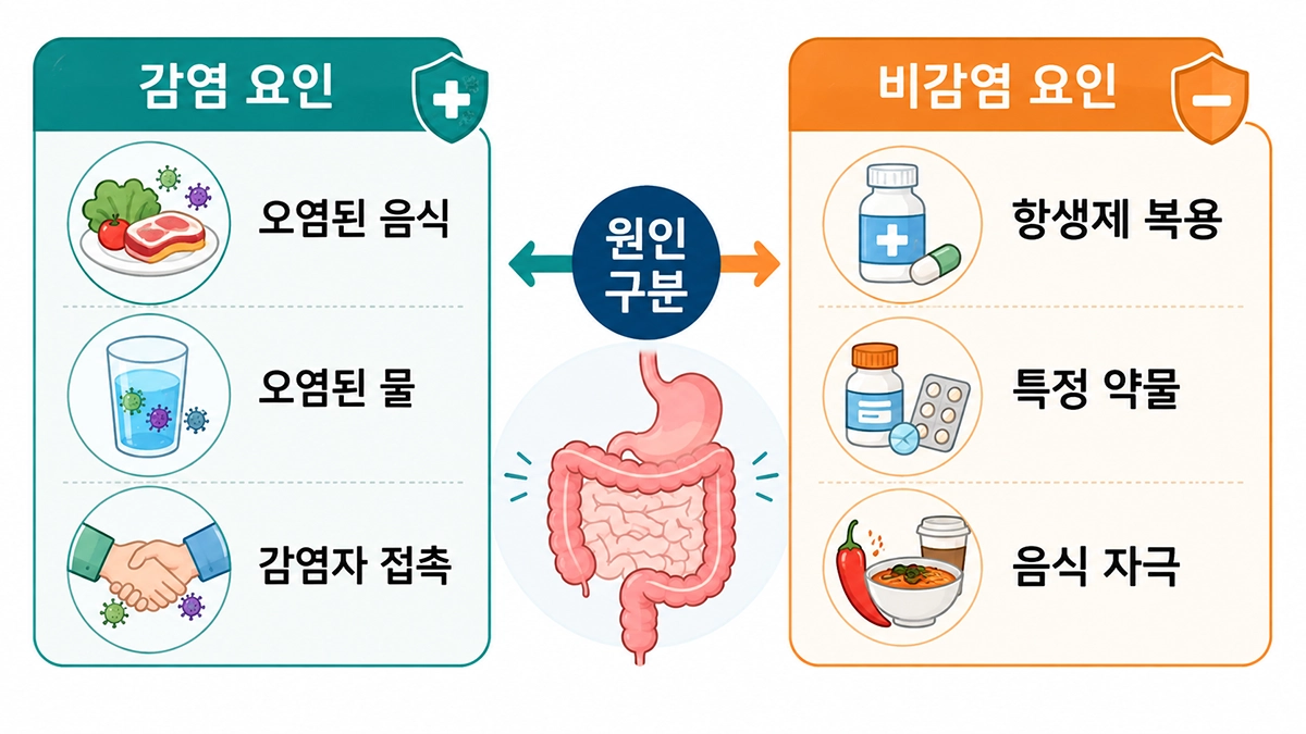 장염 증상과 관련된 감염성 원인과 약물·음식 요인 비교