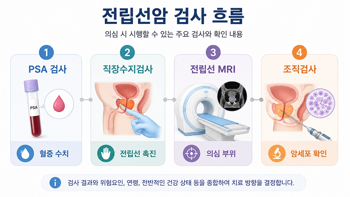 전립선암 초기증상 평가에 사용되는 PSA 검사, MRI와 조직검사 과정을 설명하는 인포그래픽