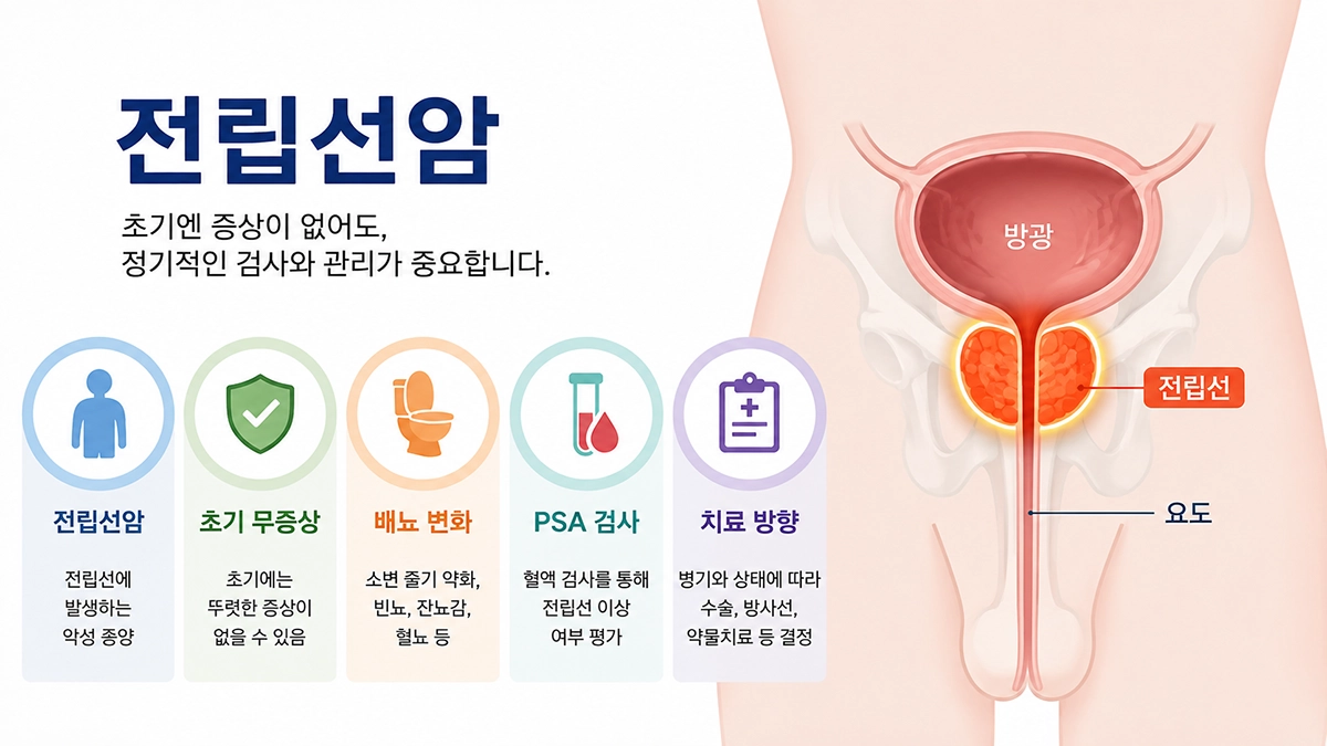 전립선암 초기증상과 전립선 위치, 배뇨 변화와 PSA 검사를 설명하는 인포그래픽