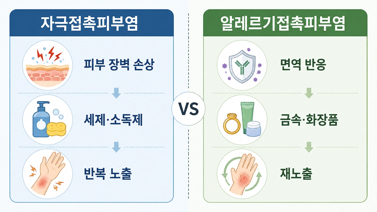 접촉성 피부염의 자극접촉피부염과 알레르기접촉피부염 차이를 비교한 인포그래픽
