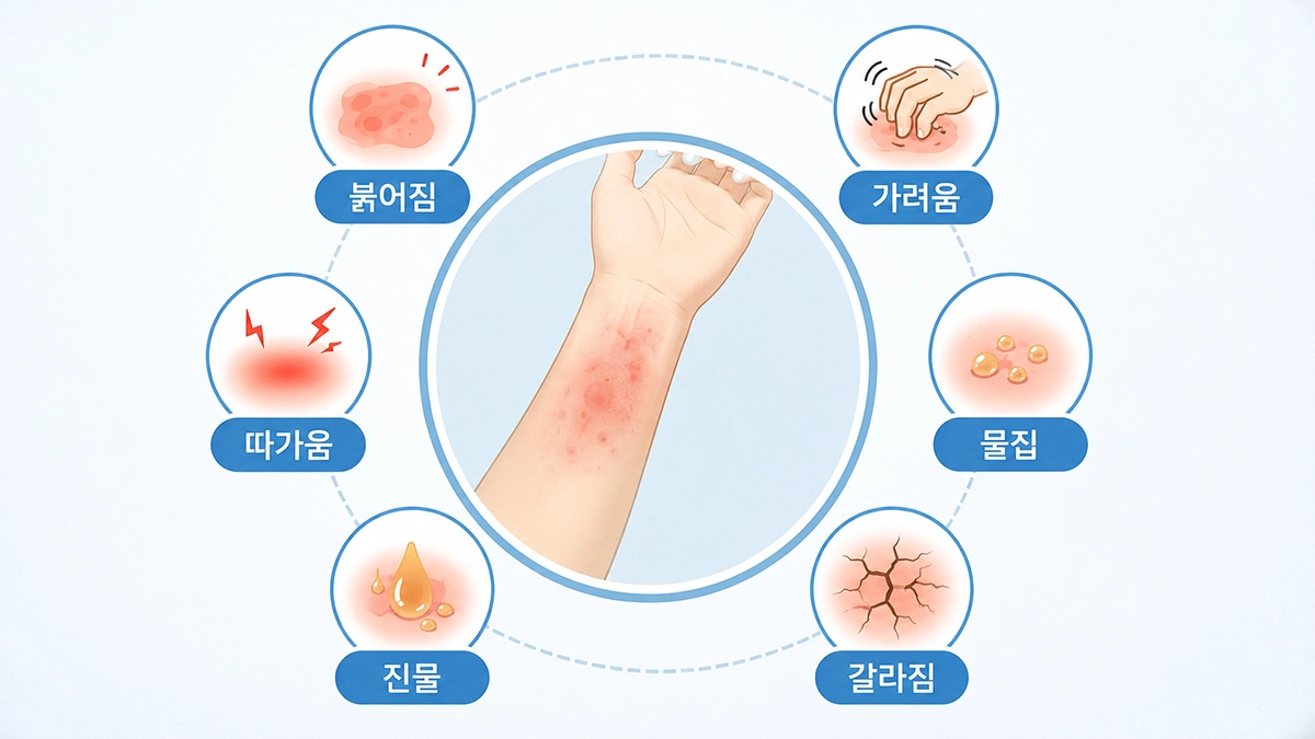 접촉성 피부염에서 나타날 수 있는 붉어짐, 가려움, 물집과 진물 증상 인포그래픽