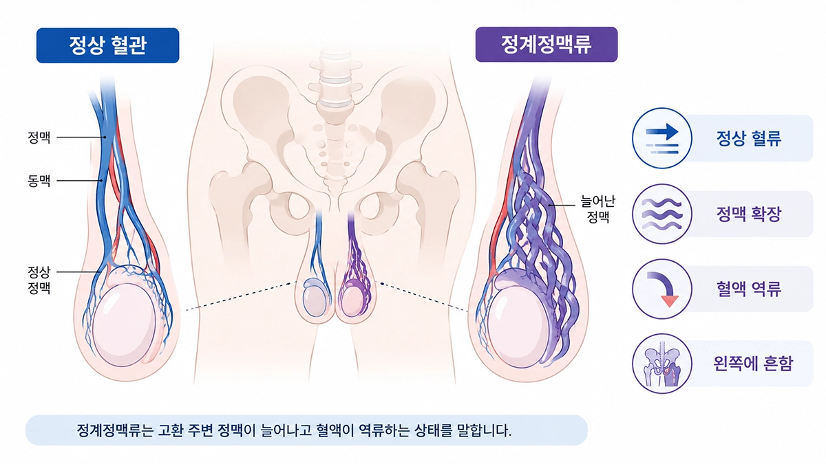 정계정맥류에서 고환 주변 정맥이 늘어나고 혈액이 역류하는 구조