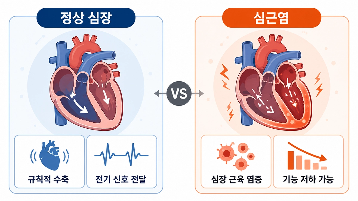 정상 심장과 비교한 심근염 증상 및 심장 근육 염증 변화