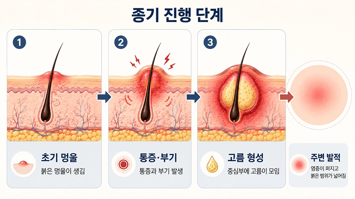 종기가 붉은 멍울에서 통증과 고름이 생기는 과정까지 보여주는 단계별 이미지