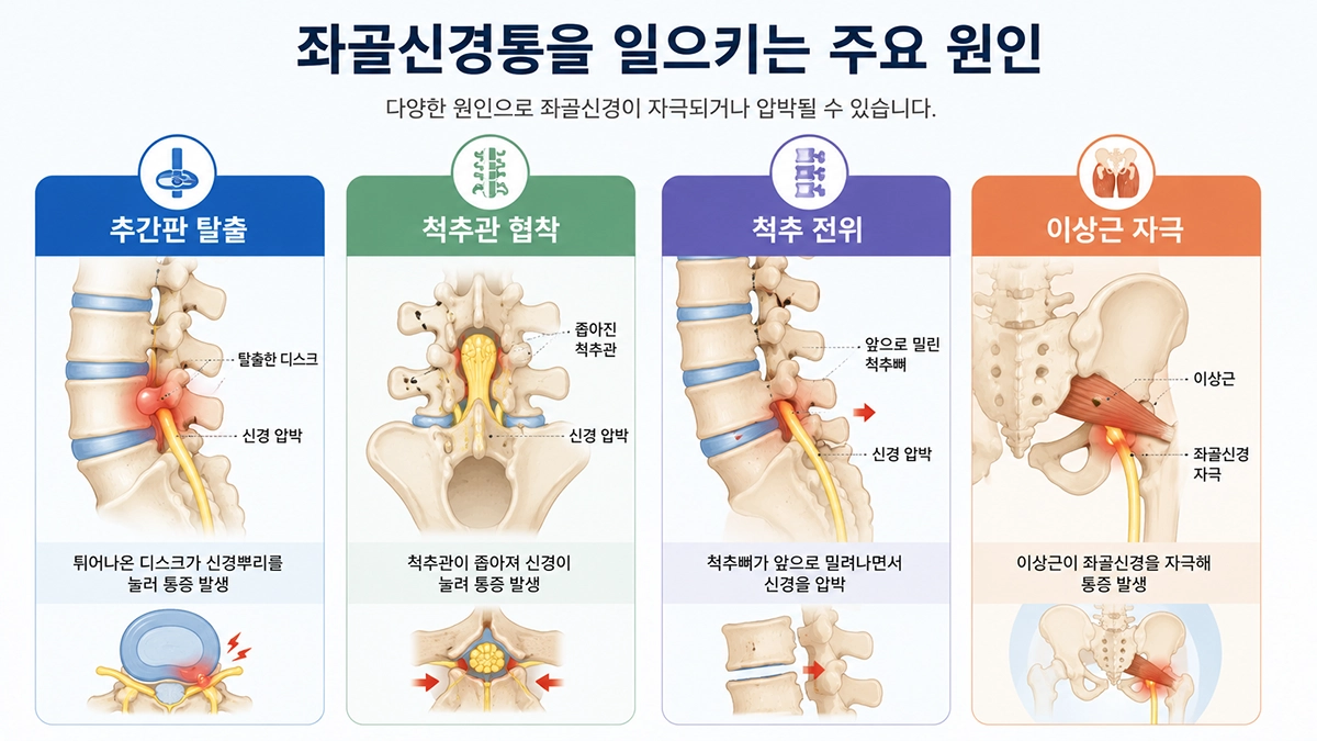 좌골신경통 원인인 추간판 탈출증과 척추관 협착증, 척추전방전위증 비교