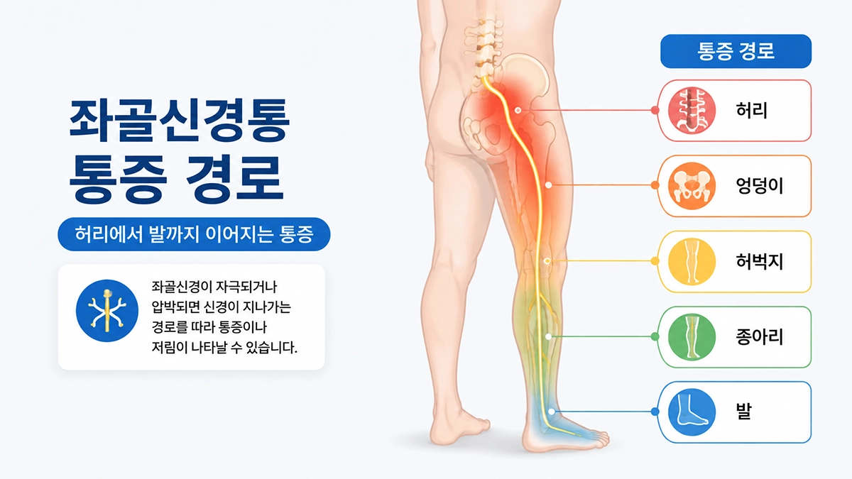 좌골신경통 통증이 허리와 엉덩이에서 허벅지, 종아리, 발로 이어지는 경로