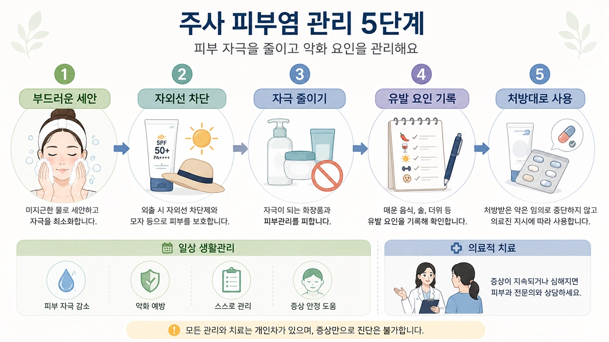 주사 피부염 생활관리에서 세안과 자외선 차단, 악화 요인 기록 방법