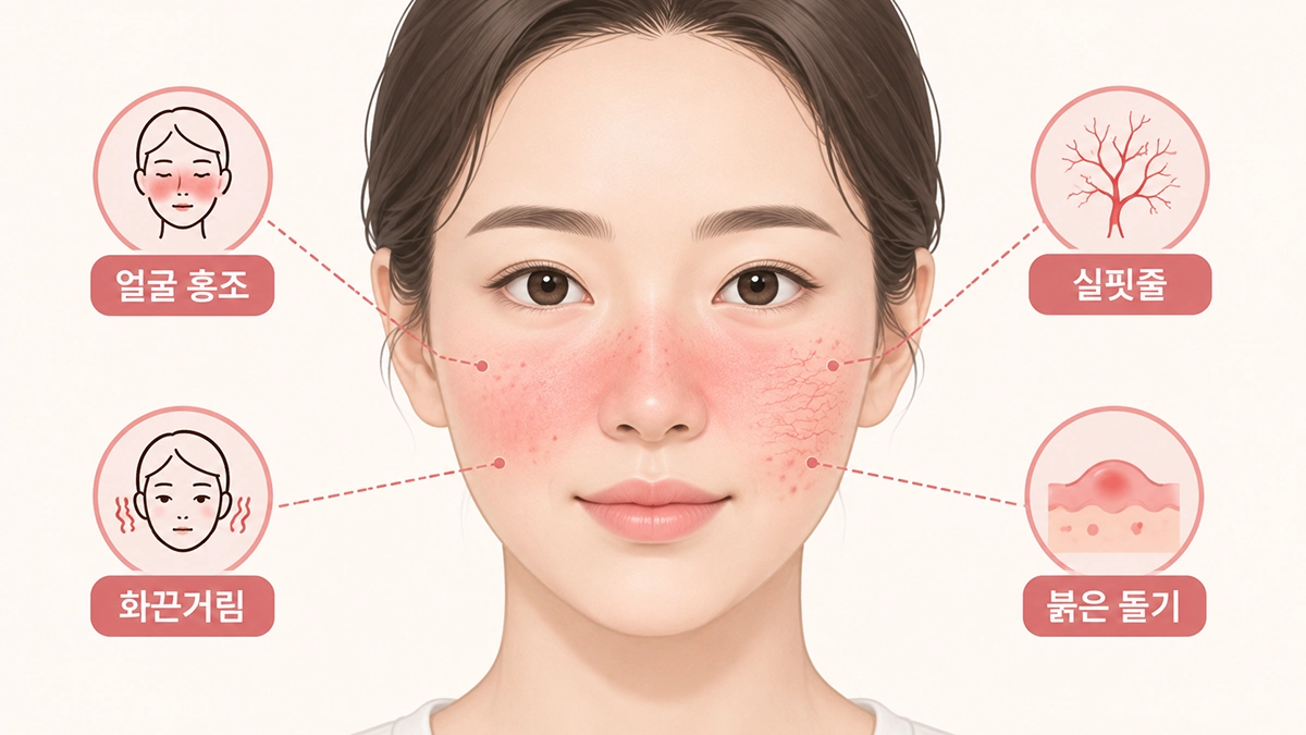 주사 피부염에서 나타날 수 있는 얼굴 홍조와 실핏줄, 붉은 돌기 증상