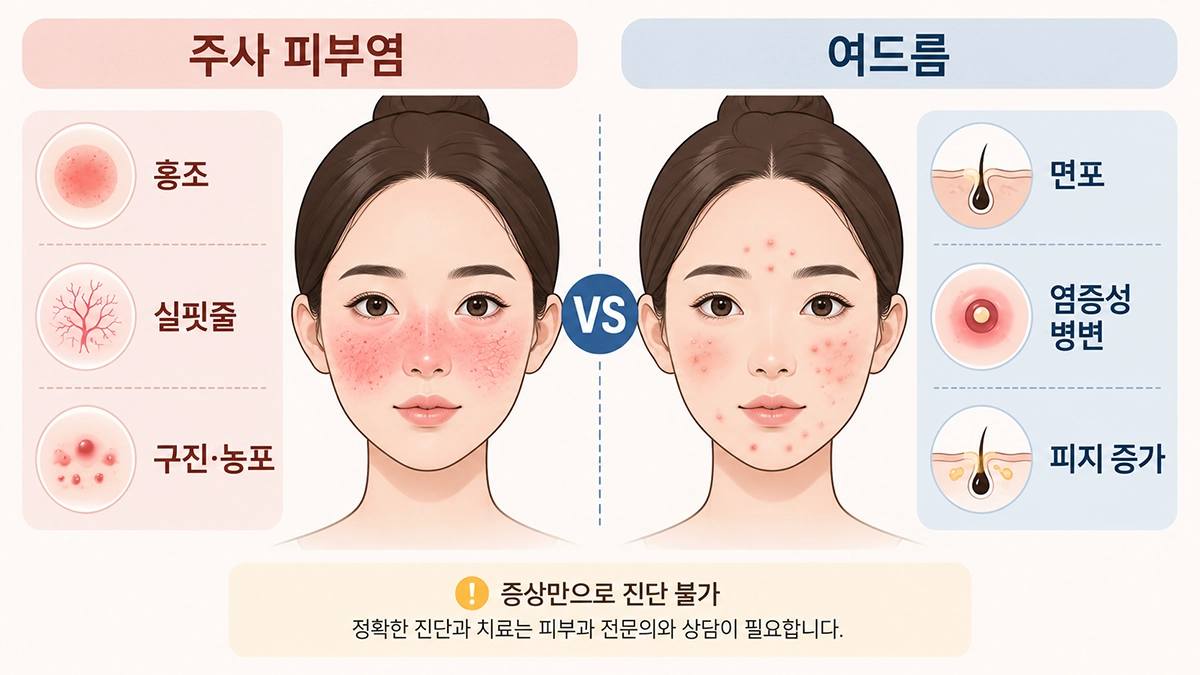 주사 피부염과 여드름의 홍조, 실핏줄, 면포 등 특징 차이 비교