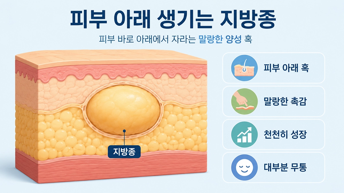 지방종이 피부 아래에 생기는 위치와 주요 특징을 보여주는 의료 인포그래픽