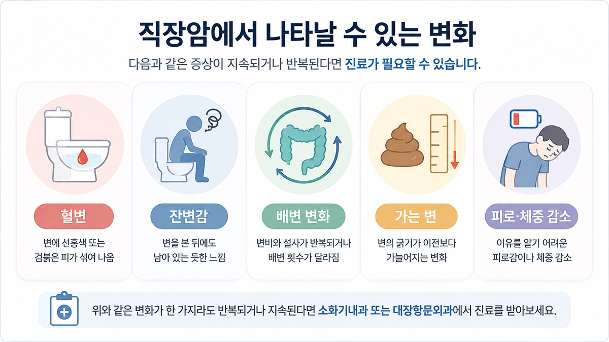 직장암에서 나타날 수 있는 혈변 잔변감 배변 변화 등 주요 증상