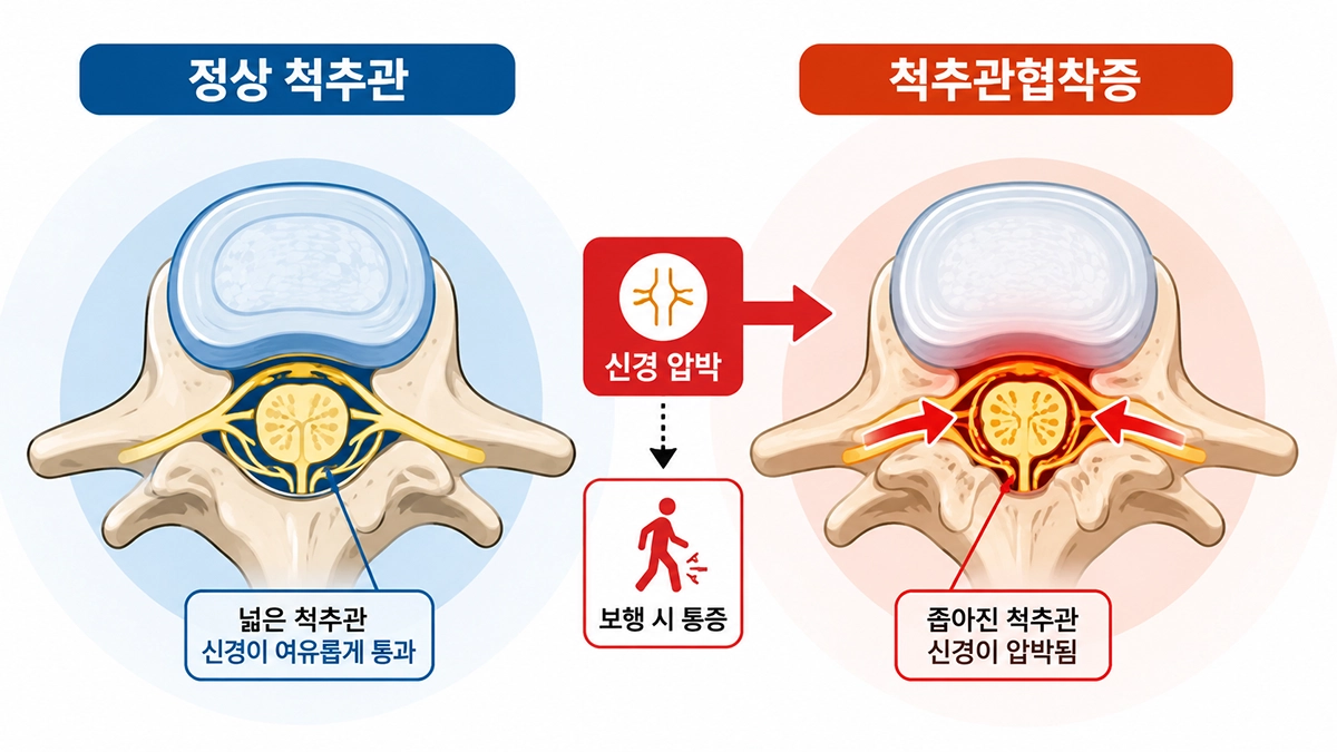 척추관협착증에서 정상 척추관과 신경 압박 상태를 비교한 인포그래픽