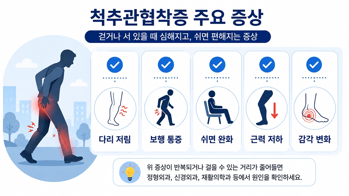 척추관협착증 대표 증상을 정리한 체크리스트 인포그래픽