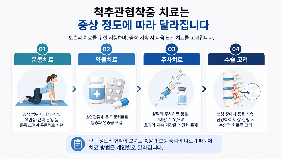 척추관협착증 치료 방법과 수술 고려 과정을 정리한 인포그래픽