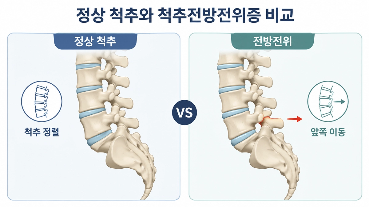 척추전방전위증에서 정상 척추와 척추뼈가 앞쪽으로 이동한 상태 비교