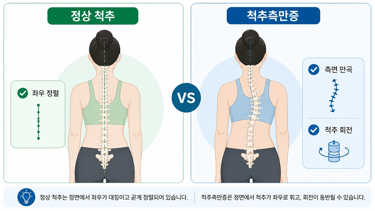 척추측만증의 측면 만곡과 정상 척추 정렬을 비교한 그림
