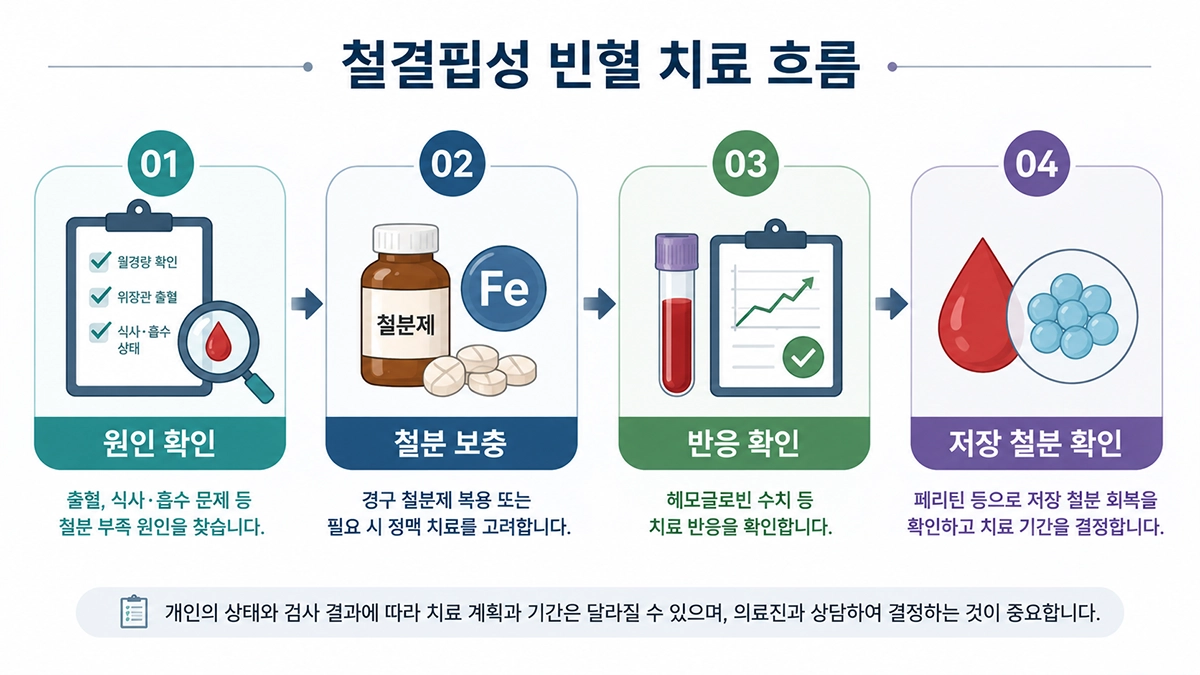 철결핍성 빈혈 치료에서 원인 확인과 철분 보충 후 치료 반응을 확인하는 과정