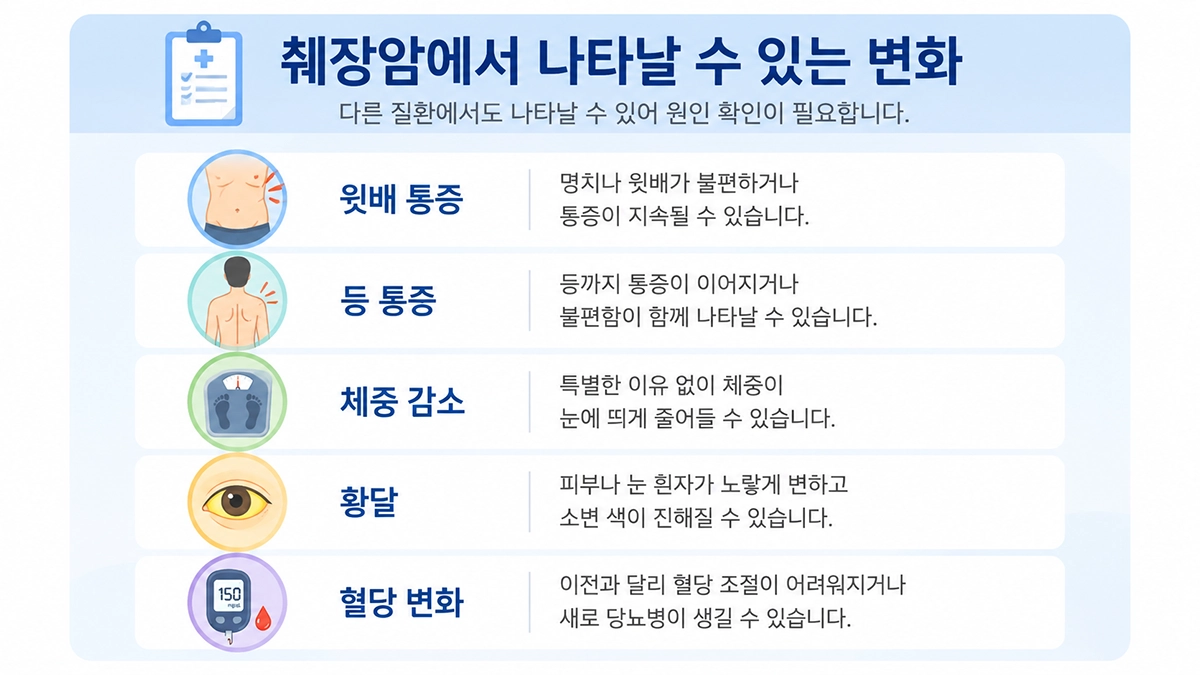 췌장암 초기증상과 진행 과정에서 나타날 수 있는 윗배 통증, 등 통증, 체중 감소, 황달 인포그래픽