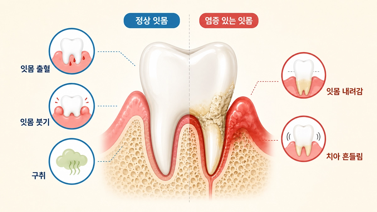 치주 질환에서 나타날 수 있는 잇몸 출혈과 붓기, 잇몸 내려감 증상 인포그래픽