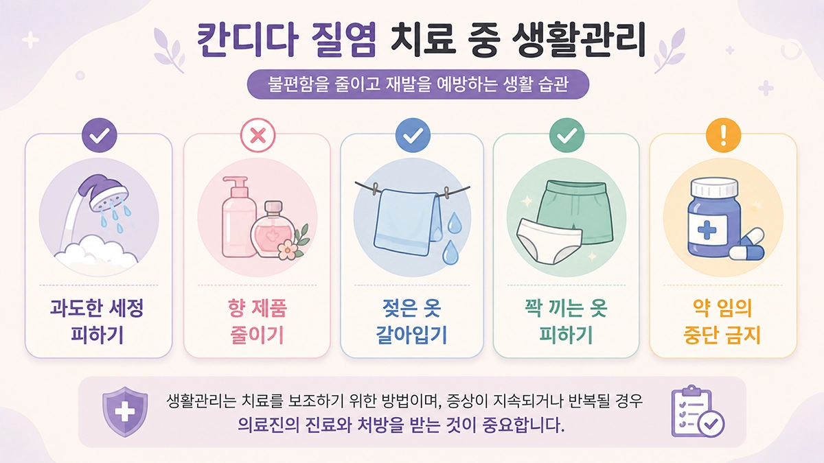 칸디다 질염 치료 중 과도한 세정과 자극을 피하기 위한 생활관리 방법을 정리한 체크리스트