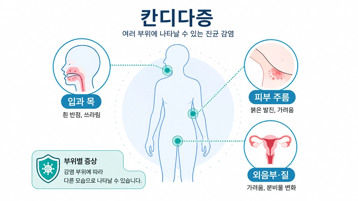 칸디다증이 입과 피부, 외음부와 질 등 여러 부위에 나타날 수 있음을 보여주는 인포그래픽
