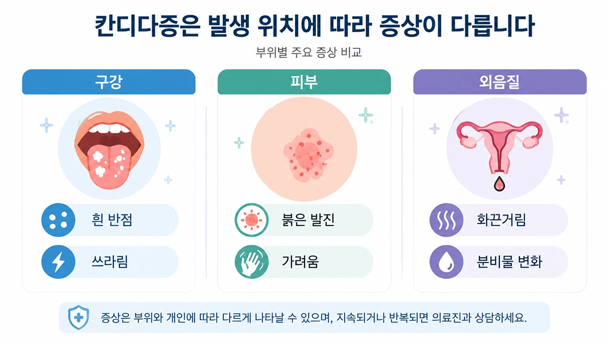 칸디다증의 구강 피부 외음질 부위별 증상을 비교한 인포그래픽