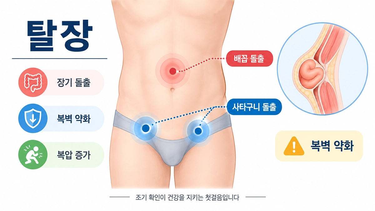 탈장이 발생할 수 있는 사타구니와 배꼽 부위를 보여주는 복부 인포그래픽