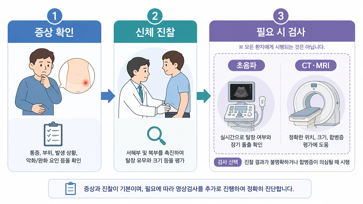 탈장 진단 과정에서 증상 확인과 신체 진찰 후 필요에 따라 영상검사를 시행하는 단계