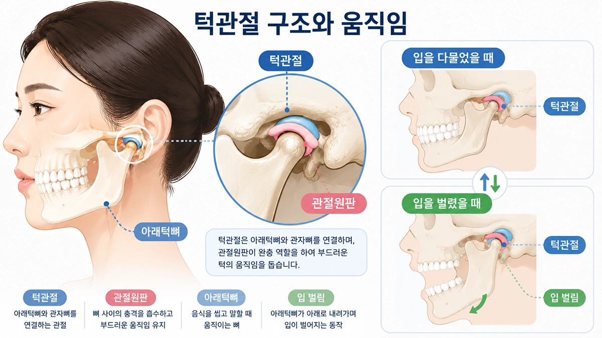 턱관절 장애 이해를 돕기 위한 턱관절과 관절원판, 아래턱 움직임 구조