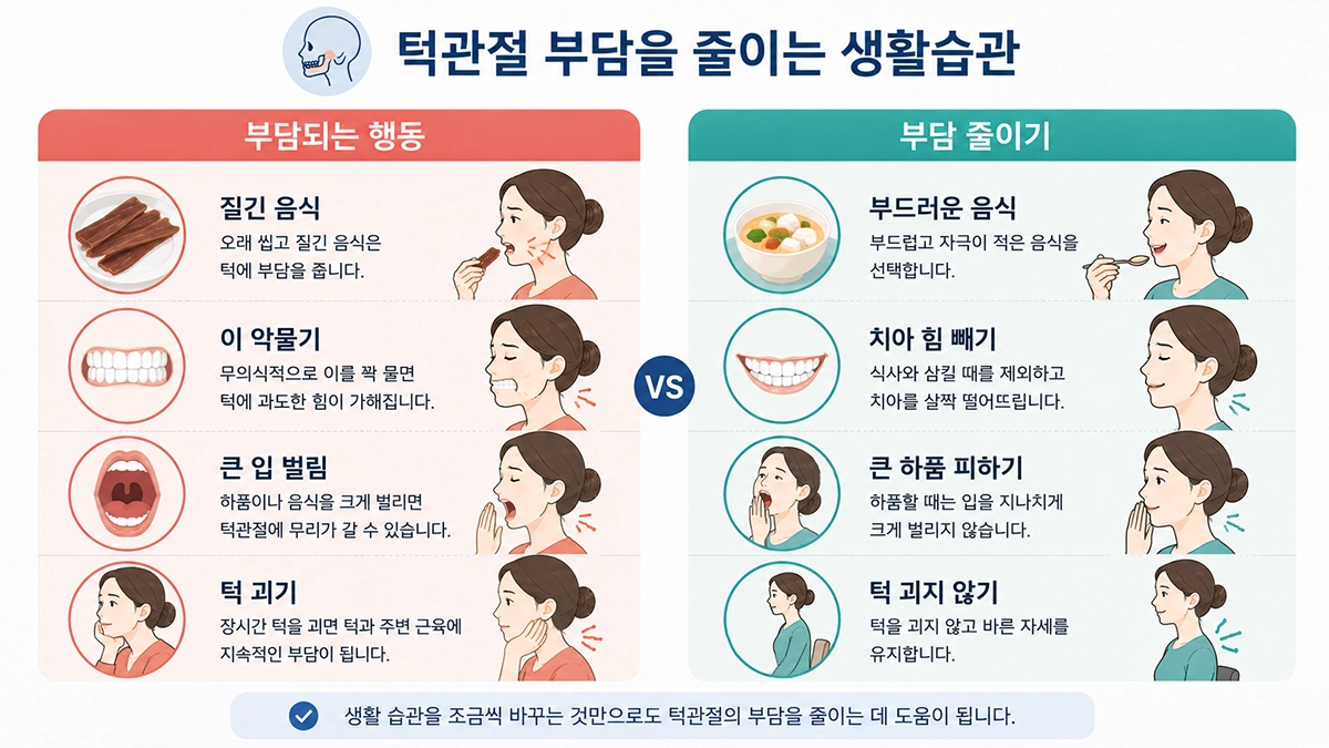 턱관절 장애에서 턱 부담을 줄이기 위한 음식과 이 악물기, 하품, 턱 괴기 생활관리 비교