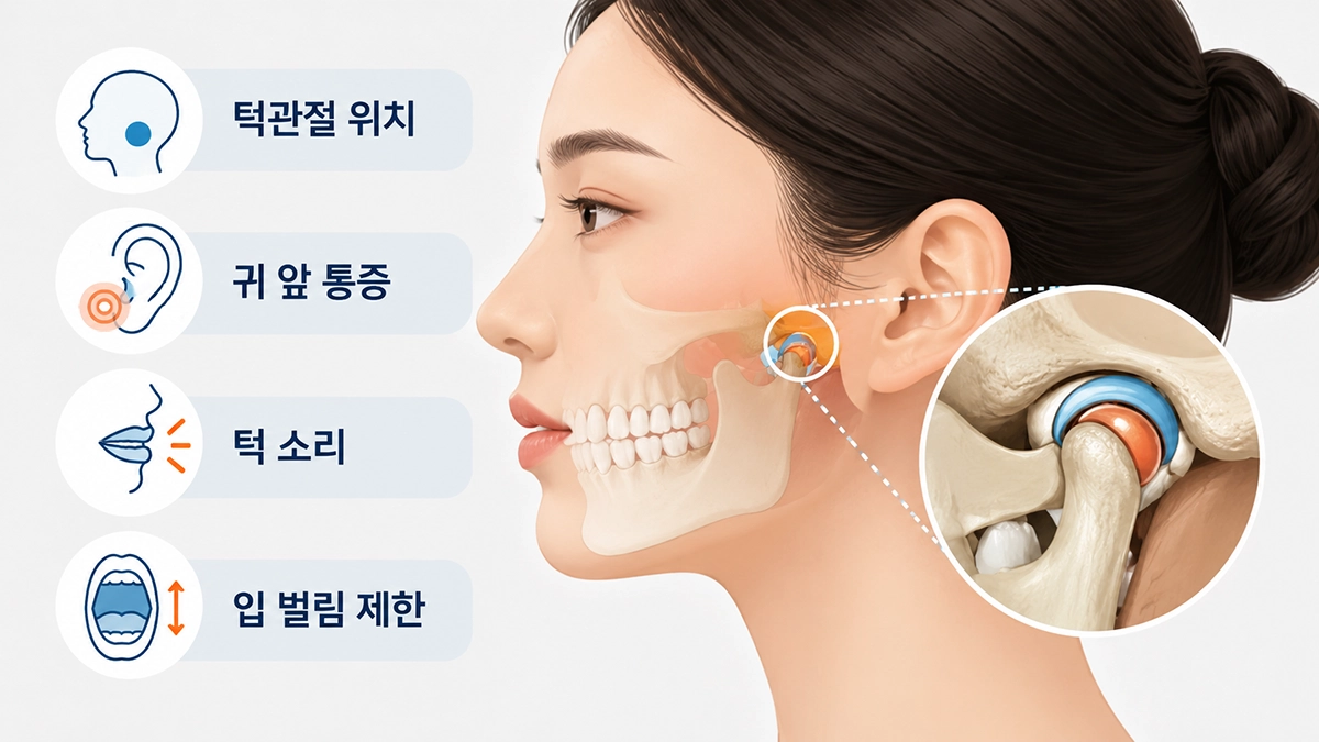 턱관절 장애에서 나타날 수 있는 귀 앞 통증과 턱 소리, 입 벌림 제한 위치를 보여주는 그림