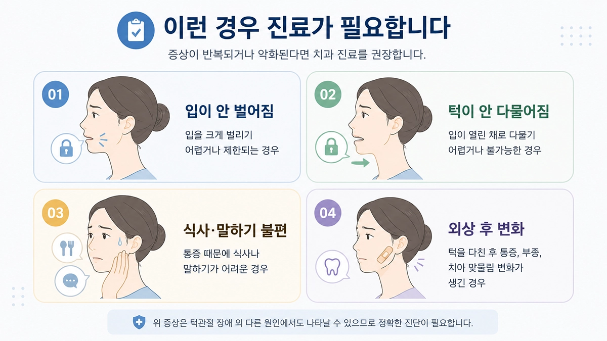턱관절 장애에서 진료가 필요한 입 벌림 제한과 턱 잠김, 외상 후 변화 체크 항목