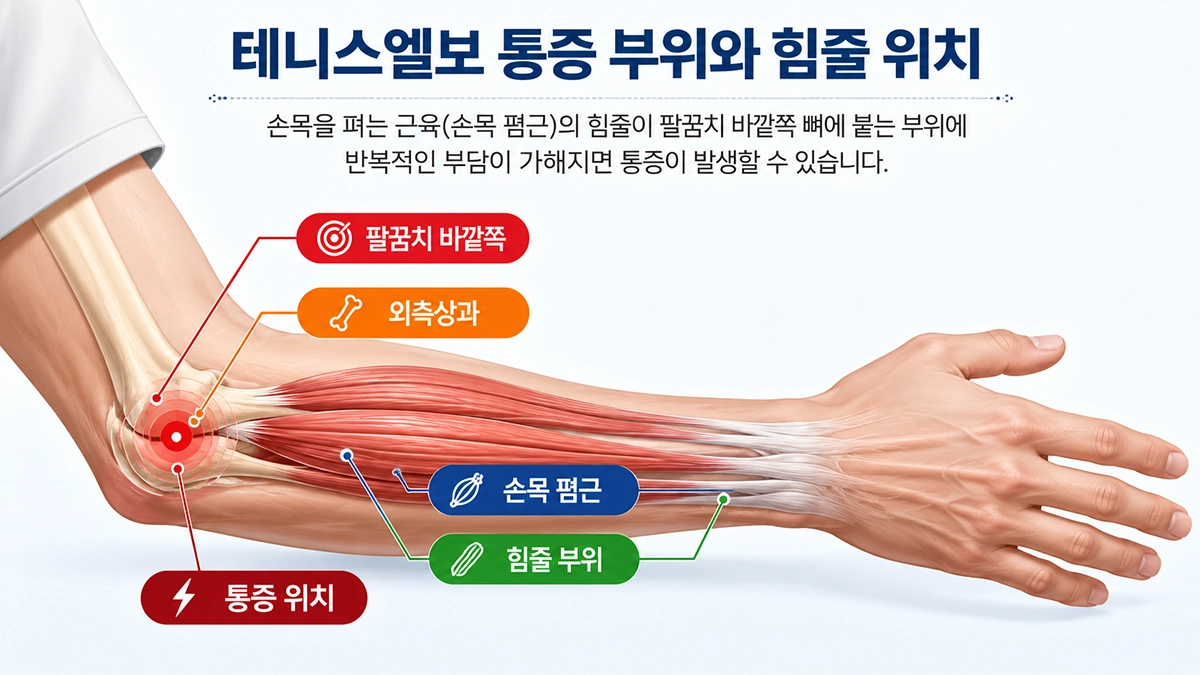 테니스엘보 통증이 나타나는 팔꿈치 바깥쪽 외측상과와 힘줄 위치