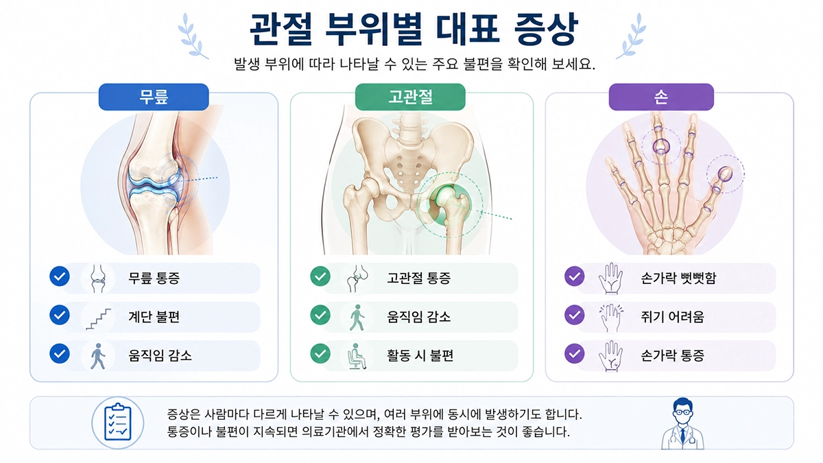 퇴행성 관절염 증상으로 나타날 수 있는 무릎 고관절 손의 불편