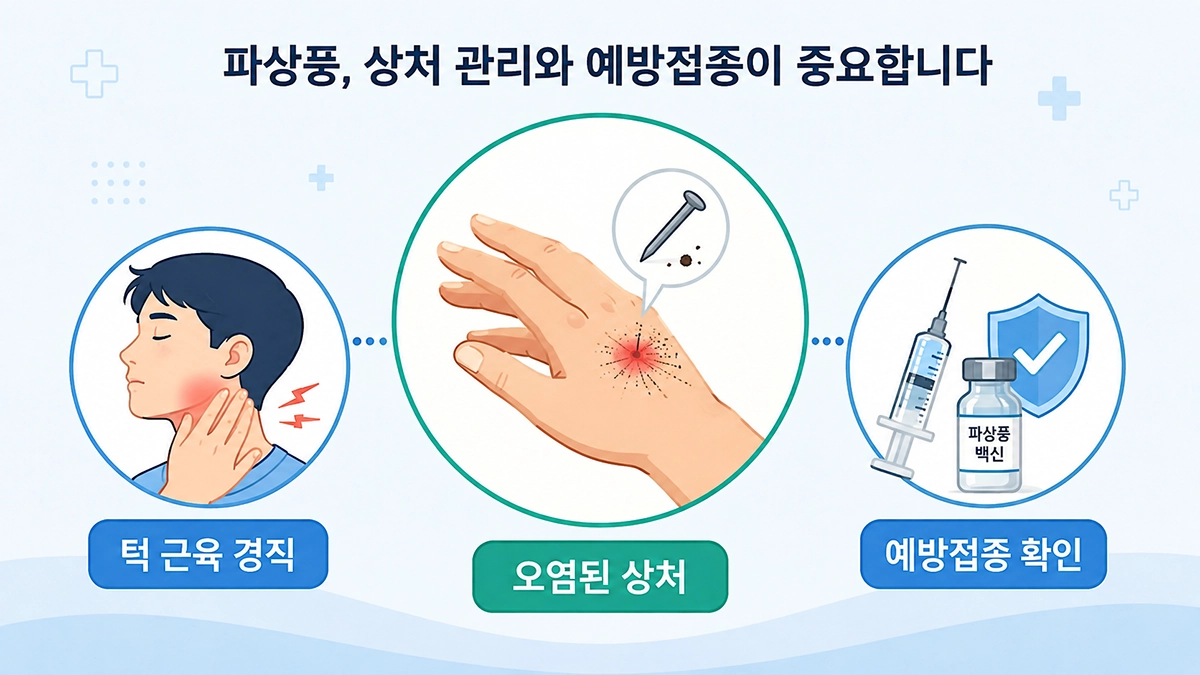 파상풍 감염 위험 상처와 턱 근육 경직, 예방접종 확인을 보여주는 인포그래픽