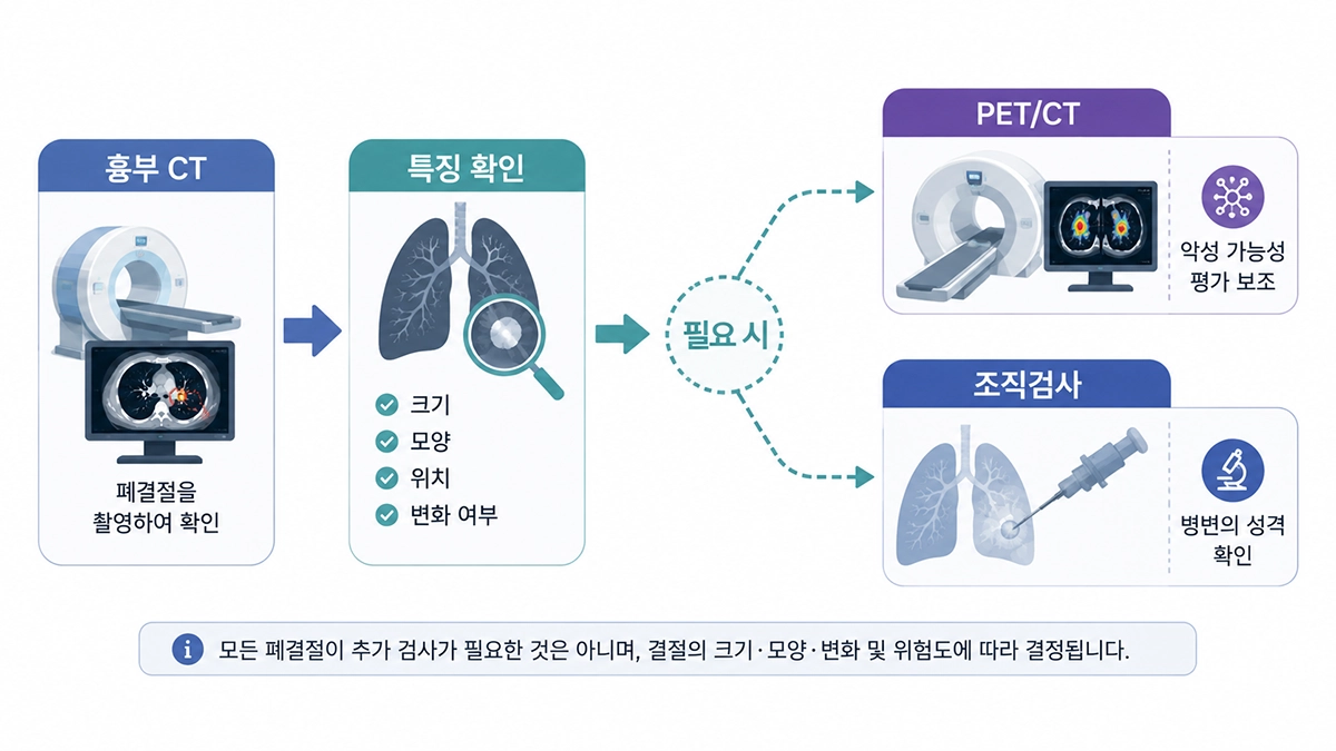 폐결절 평가에서 흉부 CT 후 필요에 따라 PET CT와 조직검사를 검토하는 과정