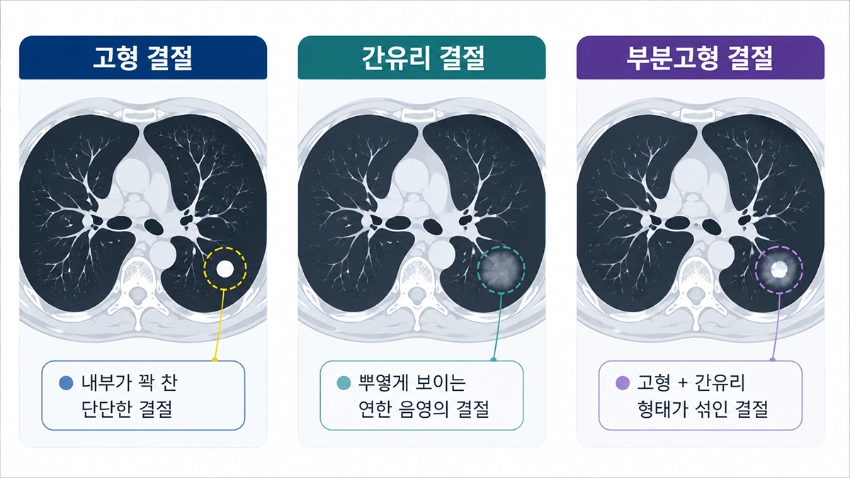 폐결절 유형인 고형 결절과 간유리 결절, 부분고형 결절 비교 이미지