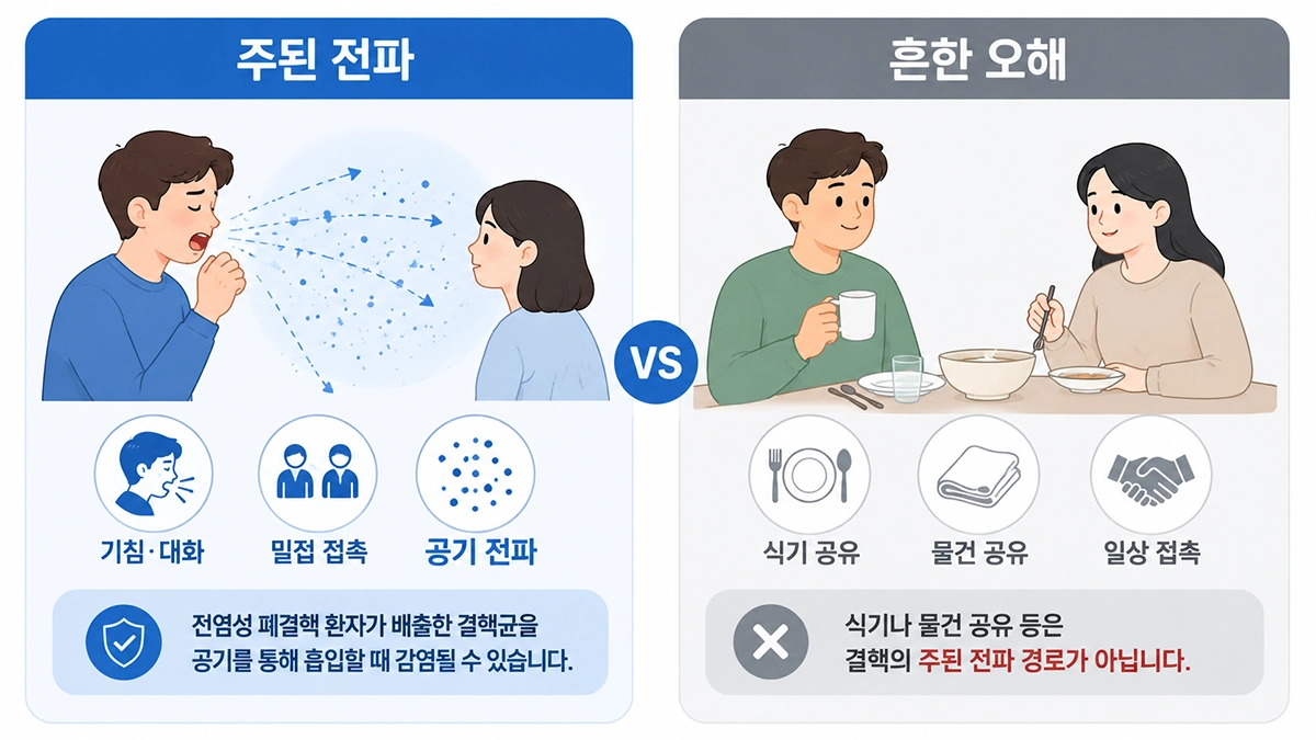 폐결핵이 전염성 환자의 기침과 대화를 통해 공기로 전파되는 방식을 설명한 인포그래픽