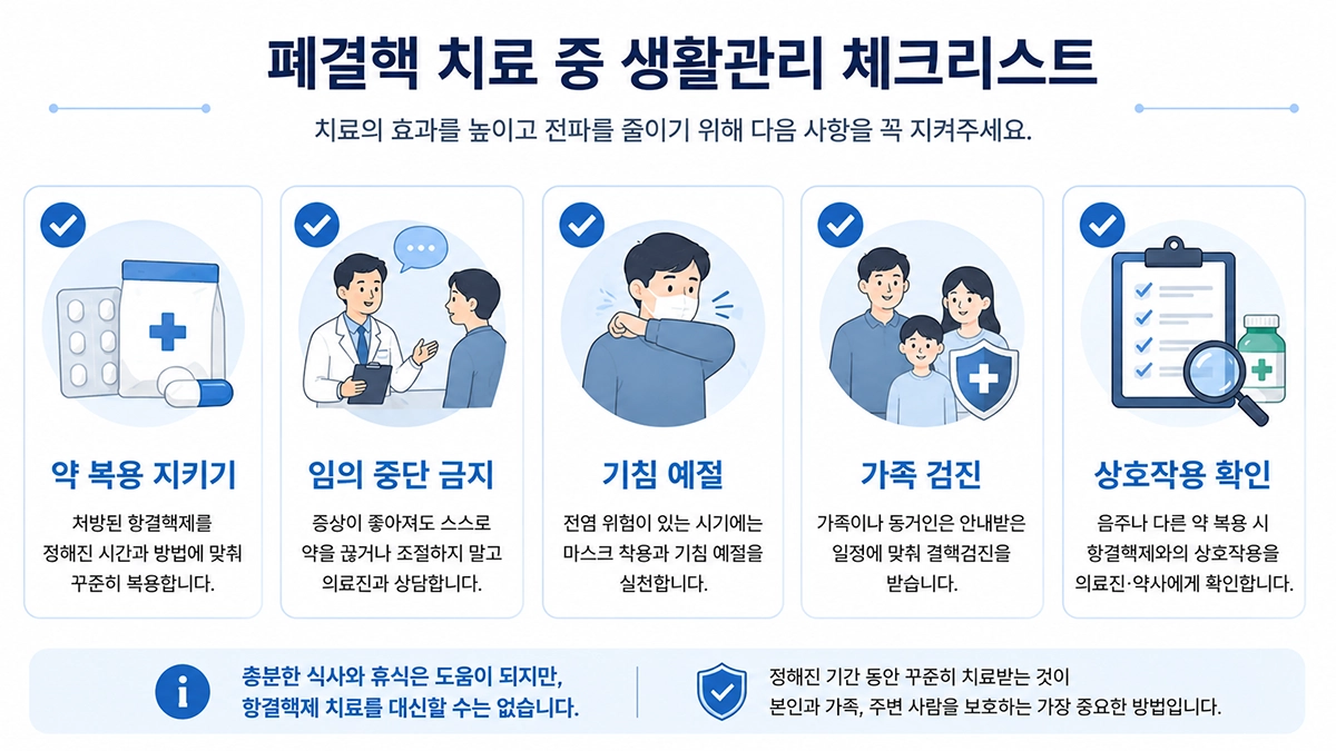 폐결핵 치료 중 항결핵제 복용과 기침 예절, 가족 검진 등 생활관리 항목