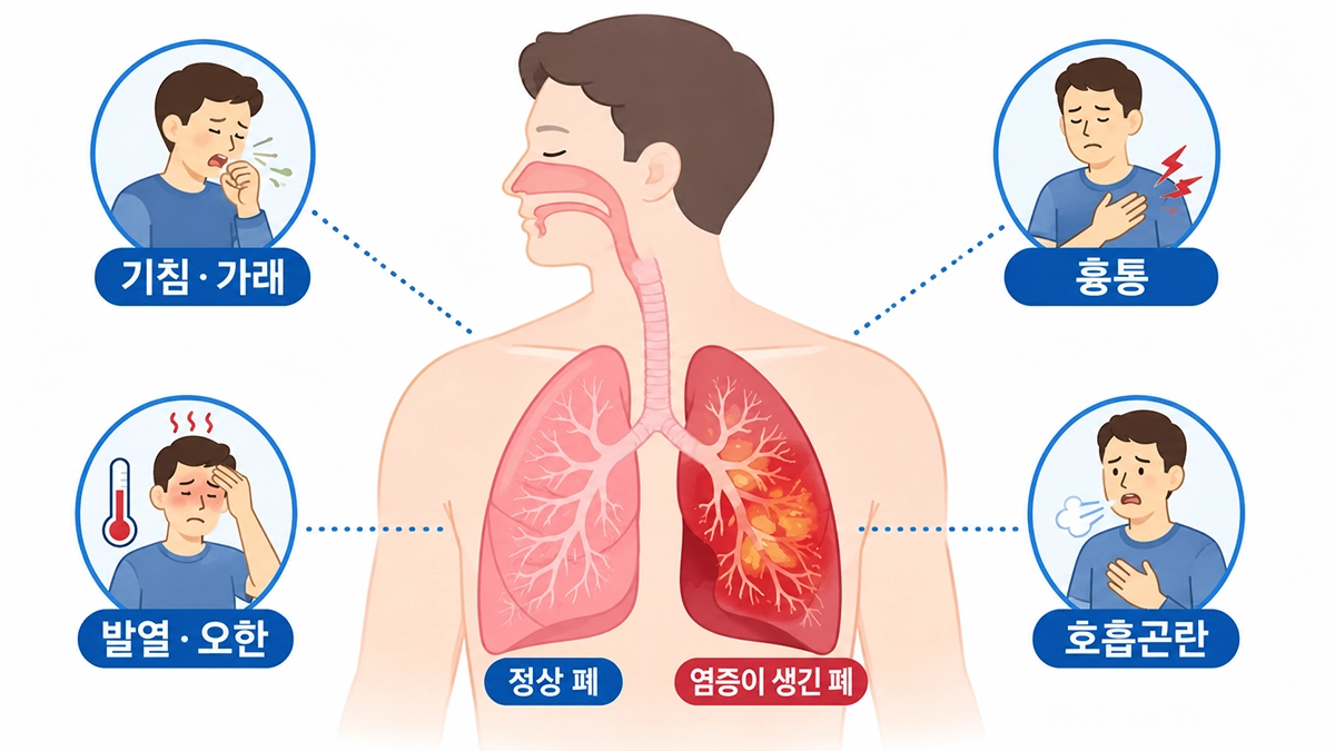 폐렴으로 나타날 수 있는 기침과 발열, 흉통, 호흡곤란을 보여주는 폐 인포그래픽