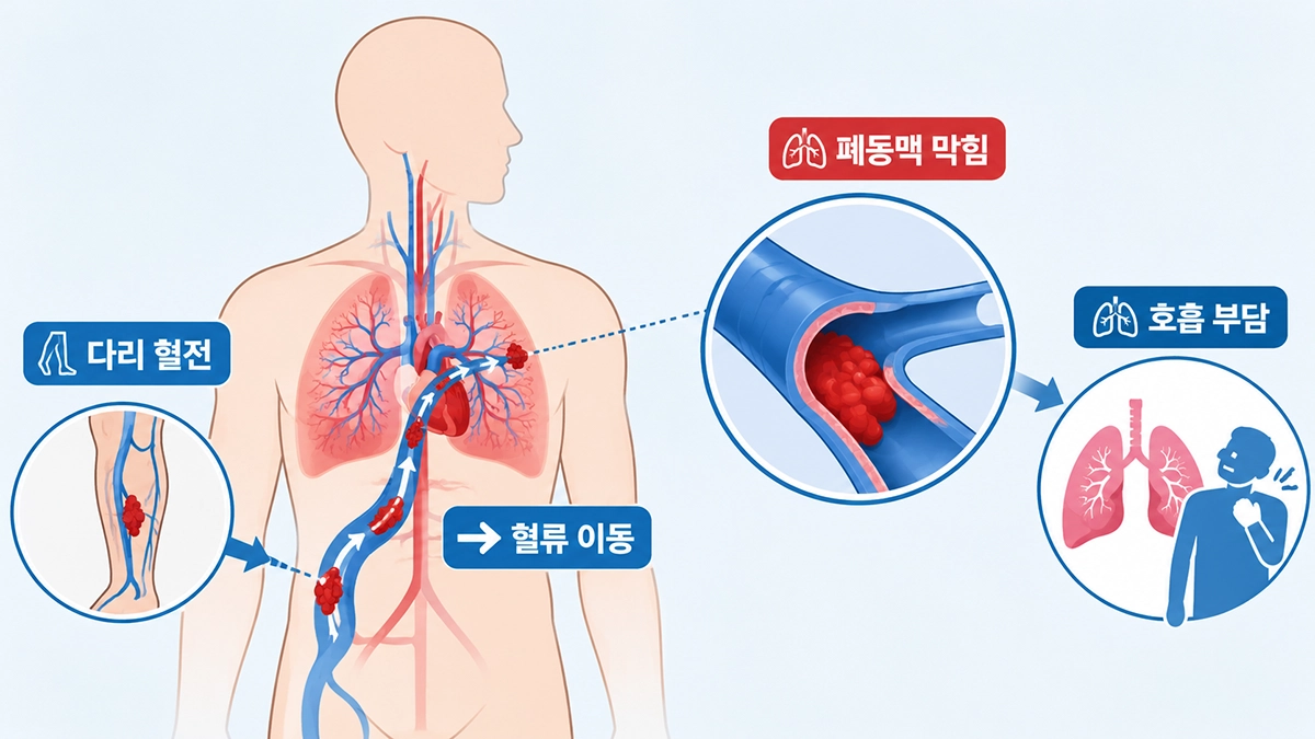 폐색전증이 다리 정맥의 혈전이 폐동맥으로 이동해 발생하는 과정을 설명한 인포그래픽