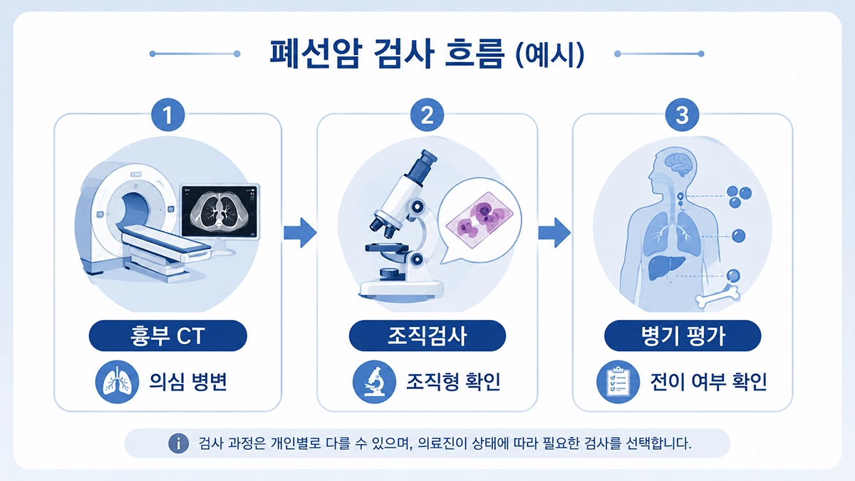 폐선암 진단에서 흉부 CT와 조직검사, 병기 평가로 이어지는 검사 과정을 보여주는 인포그래픽