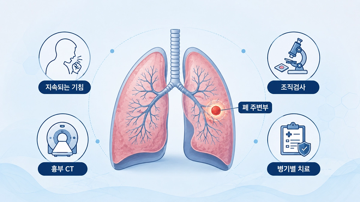 폐선암이 주로 발생하는 폐 주변부와 주요 검사·치료 흐름을 보여주는 인포그래픽