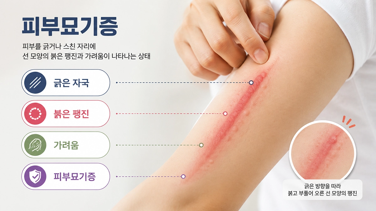 피부묘기증으로 피부를 긁은 자리에 붉은 선과 팽진이 나타난 모습