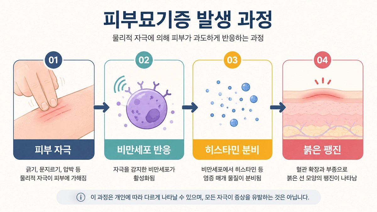 피부묘기증에서 피부 자극 후 비만세포와 히스타민 반응으로 팽진이 나타나는 과정