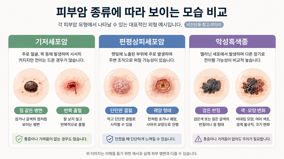 피부암 초기증상과 기저세포암 편평상피세포암 악성흑색종의 피부 변화 비교