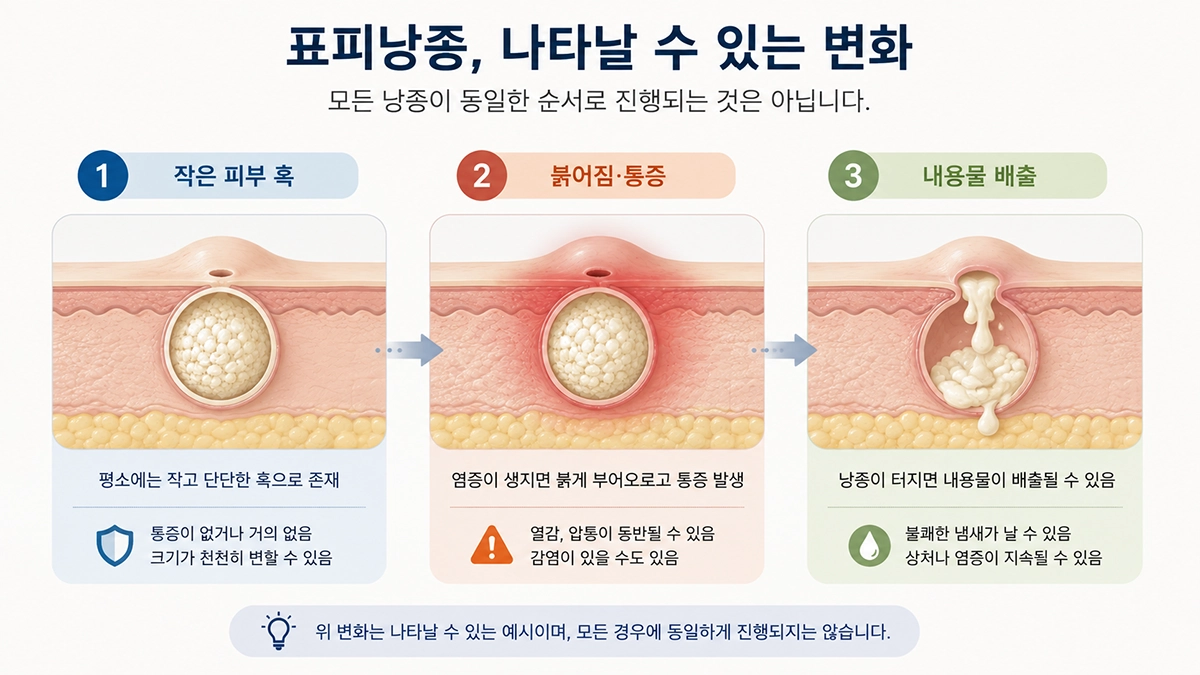 피지낭종에서 작은 혹부터 염증과 통증, 내용물 배출까지 나타날 수 있는 변화