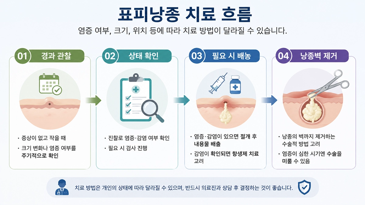 피지낭종의 상태에 따른 경과 관찰과 배농, 낭종 제거 치료 흐름