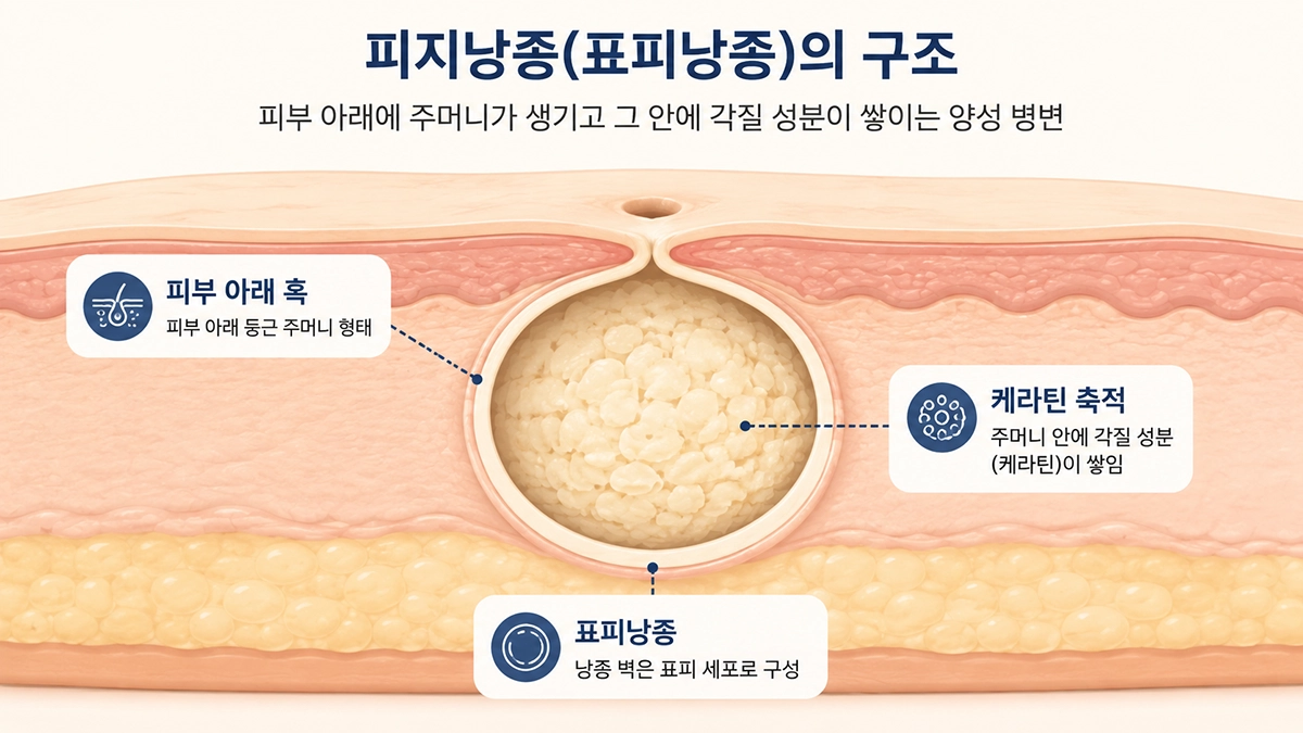 피지낭종으로 흔히 불리는 표피낭종의 피부 아래 구조와 케라틴 축적 모습